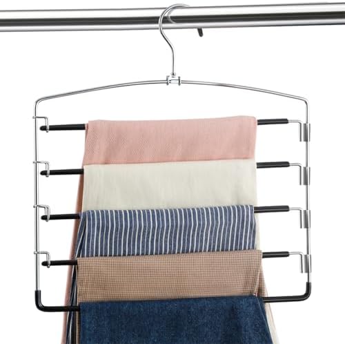 FeeraHozer Pants Hangers Non Slip 3 Pack Space Saving Hangers Multi-Layer Swing Arm Pants Hanger Stainless Steel Space Saver Hanger Closet Storage Organizer for Jeans Trouser Slacks Clothes (Black) by Feerahozer
