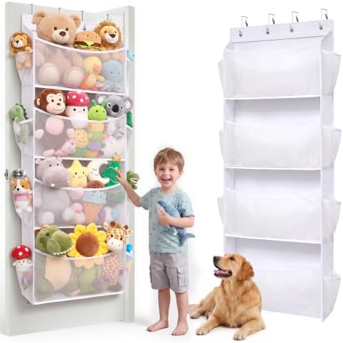 Over Door Stuffed Animal Storage Organizer Large Plush Toy Holder with Mesh Window White by ORDOVIBE