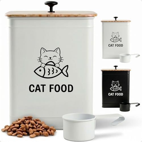 Metal Cat Food Container with Scoop 5-7 lb (25 Cup), w/ Airtight Bamboo Lid by HBDesignCo