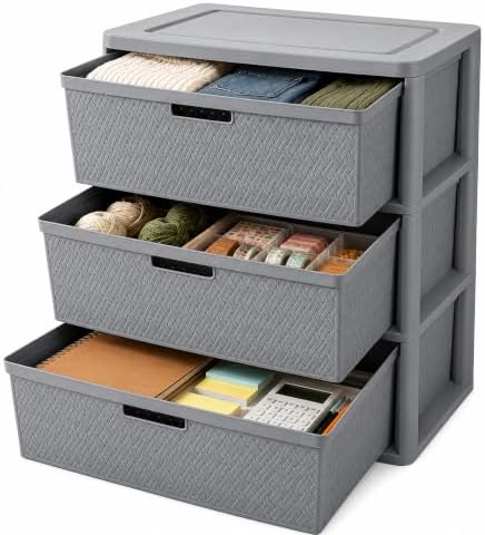 Wide 3-Drawer Plastic Storage Tower, Decorative Organizer Chest, Gray by Unknown
