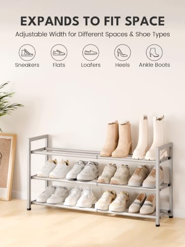 Bumusty 3 Tier Expandable Shoe Rack for Closet, Light Grey - Image 3
