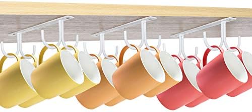MOCOUM Under Cabinet Mug Rack, Rustic Mug Organizer Rack Cup Holder Under Shelf 12 Hanging Hooks Rack for Mugs, Coffee Cups and Kitchen Utensils Display (White-3 Pack-12 Hooks) - Image 2