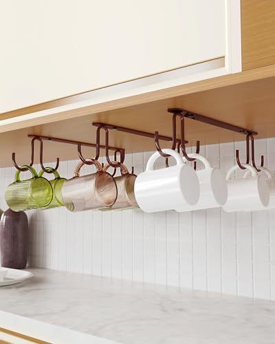 Luckinow Mug Hooks Under Cabinet 3 Pack, Coffee Cup Hooks for Hanging Under Shelf, Mug Organizer Rack with 12 Hooks for Displaying Mugs, Coffee Cups and Kitchen Utensils, Brown by Luckinow