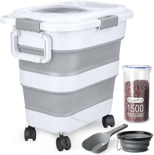 Dog Food Storage Container，10-25 lbs Airtight Collapsible Cat Food Storage Container with Attachable Wheels, Portable Handle, Dog Food Scoop for Dog Cat Bird Pet Dry Food Storage Bin Light Grey by TIOVERY