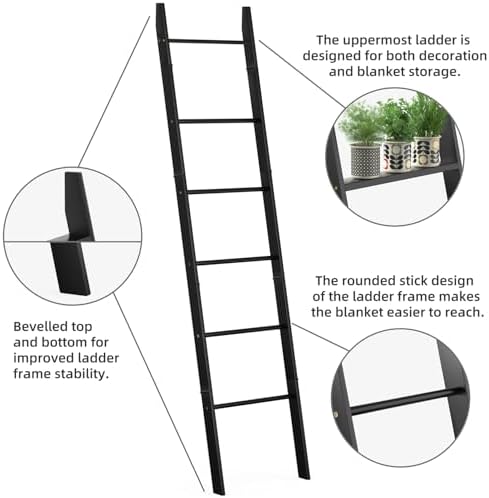 BAMBANG 6-Tier Blanket Ladder for Living Room, Blanket Quilt Ladder Rack Rustic Decorative Towel Holder, Wall Leaning Blanket Ladder Shelf Storage Farmhouse Decor for Bedroom Bathroom, Black - Image 5