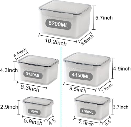 Large Fridge Food Storage Container Set with Lids with Strainer, Fruit Vegetable Storage Containers Keep Fruits, Vegetables, Berry, Meat Fresh longer, BPA-Free Plastic Produce Keepers - Image 2