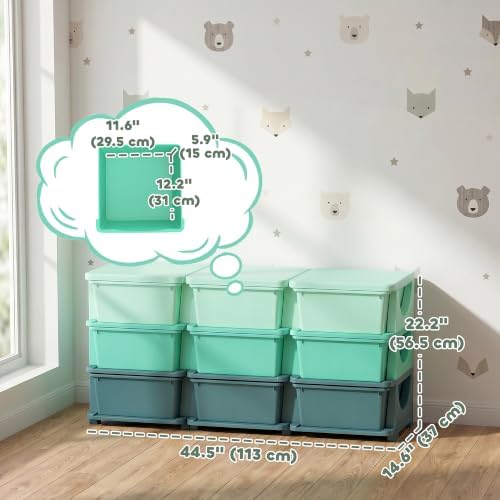 Qaba 9 Drawers Kids Storage Unit 3 Tier Stackable Toy Organizers Green - Image 3