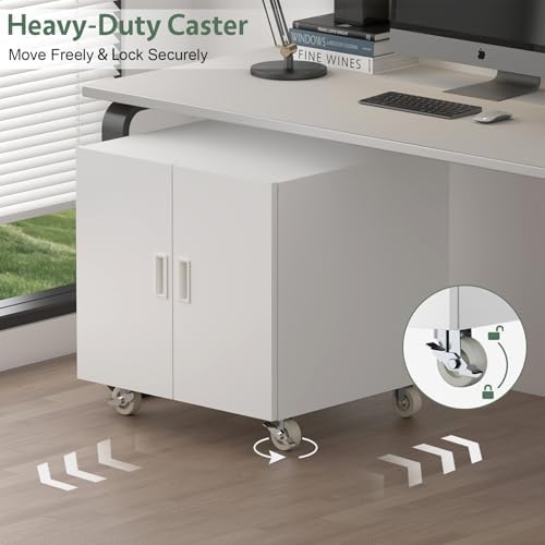 Printer Stand with Wheels, Office File Cabinet for Workplace, White Filing Cabinet for Home Office, Large Printer Table with Removable Shelf, Office Station for Workplace, School - Image 4