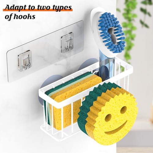 Sponge Holder Smiley Face, Sink Organizer with 2 Suction Cups/1 Adhesive Strips, Designed for Sponge, Soap, Dish Brush, Scrubber - White - Image 3