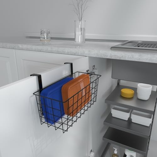 MaraFansie Basket with Hook, Grid Storage Basket, Over the Cabinet Door Organizer, Wire Hanging Basket with Hook Over the Railing, Under Sink Kitchen Cabinet, Pantry, Bathroom, Black, 2 Pack - Image 2