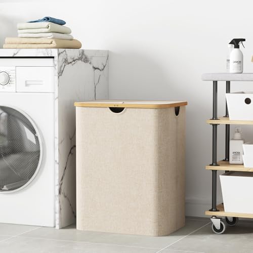Lifewit 120L Large Laundry Basket with Lid, 2 Removable Bags, Beige - Image 2