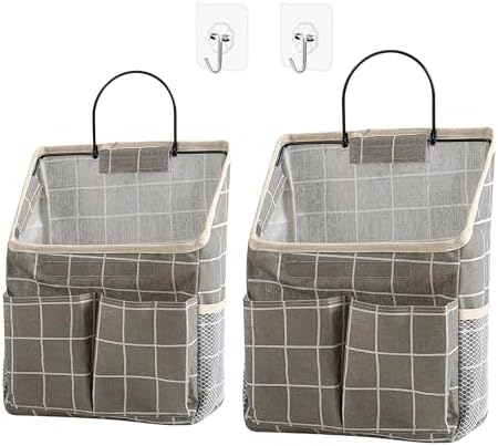 2pcs Wall Hanging Storage Bag,Wall Hanging Organizer Bags with Pockets, Wall Organizer Storage for Dormitory Bathroom Bedroom Kitchen(Grey Grid) by Someteth