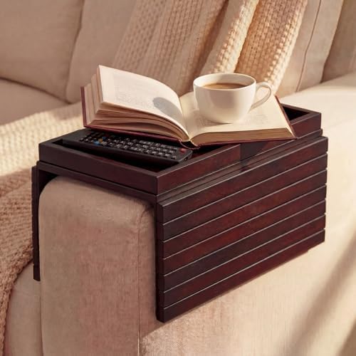 Sofa Arm Tray, Foldable Bamboo Couch Armrest Table with Large 12.5" x 5.8" Storage Compartment, Portable Chair Couch Caddy Arm Tray for Cup TV Snacks Phone (Velvet Mahogany) by Unknown