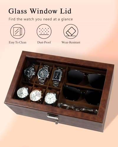 GUKA Watch box, 6 Slot Watch Case, 3 Slot Sunglass Organizer, Watch Cases for men with Real Glass Lid, Watch Organizer storage with Jewelry Case, Birthday for Men and Women, - Image 4