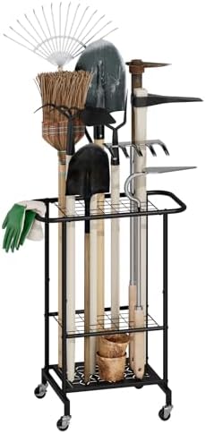 3-Tier Garden Tool Organizer with Wheels, Garage Floor Rolling Storage Cart on Wheels Heavy Duty Metal Rolling Storage Cart, Yard Tool Tower Rack for Garage, Patio, Shed, Indoor Outdoor by BMOSU
