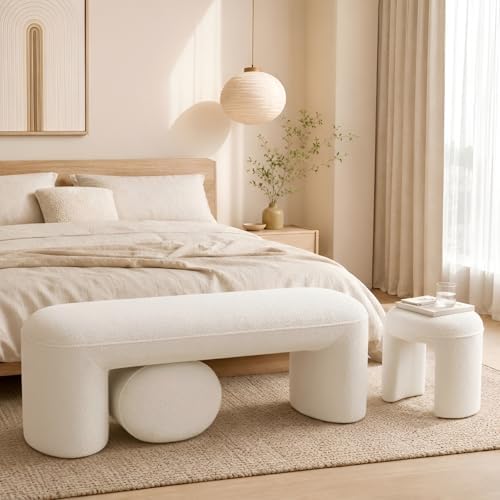 53" Chenille Ottoman Bench with 2 Nesting Ottomans, White - Image 6