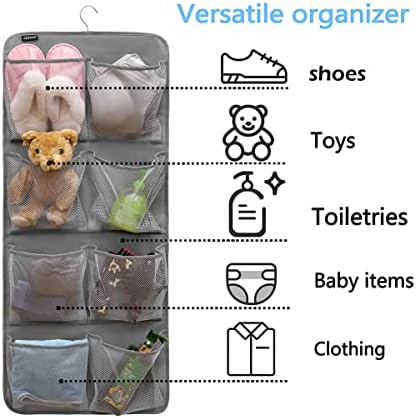Dual-Sided Hanging Closet Organizer for Socks Underwear Bra Kids Storage Organizer for Baby Clothes Toddler Shoes with 26 Pockets (Grey-Mesh Pockets) - Image 3