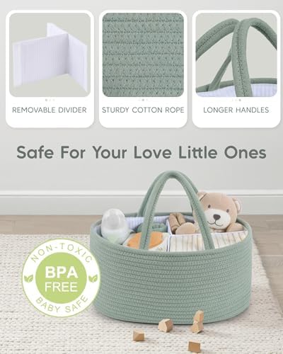 Maliton Diaper Caddy Organizer for Baby, Portable Diaper Storage Organizer for Changing Table and Car, Cotton Rope Nursery Storage Bin Basket for Baby Shower, Newborn Essentials Must Haves - Green - Image 3