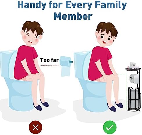 [Upgrade] Toilet Paper Holder Stand with Shelf Tissue Holders for Bathroom Free Standing Bath Tissue Roll Holder Magazine Rack for Mega Rolls/Phone/Wipe-Black - Image 2