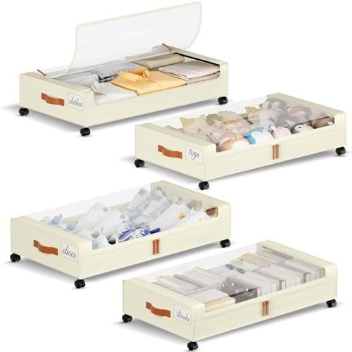 Yecaye 60L Under Bed Storage with Wheels, 4 Pack, Beige by Yecaye