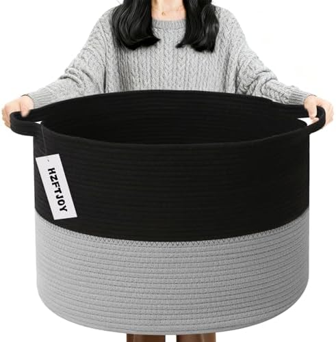 90L Large Blanket Basket,Woven Laundry Basket-Black&Light Grey by HZFTJOY