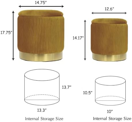 YYW HOME Round Ottoman with Storage, Yellow Velvet, Set of 2 - Image 3