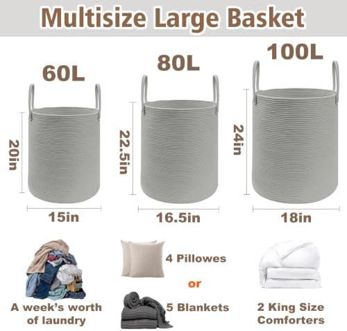 JMvicyroam 100L Cotton Rope Laundry Basket Hamper, Grey - Image 2