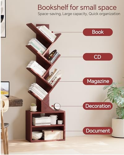 SUNMORY 6 Tier Tree Bookshelf, Tall Small Bookcase with Storage Cabinet - Image 4