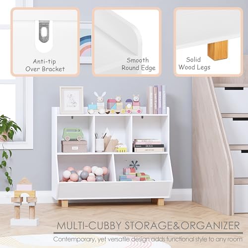 UTEX Wooden Kids Bookshelf & Toy Organizer, 5 Storage Cubes with Wood Legs - Image 4