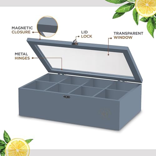 Tea Bag Organizer with Drawer - Gray Bamboo Tea Box Organizer, 8-Compartment Tea Storage Box with Acrylic Lid and Magnetic Closure, Tea Box for Kitchen Counter, Gifts for Mom, Wife, Tea Lovers (Grey) - Image 6