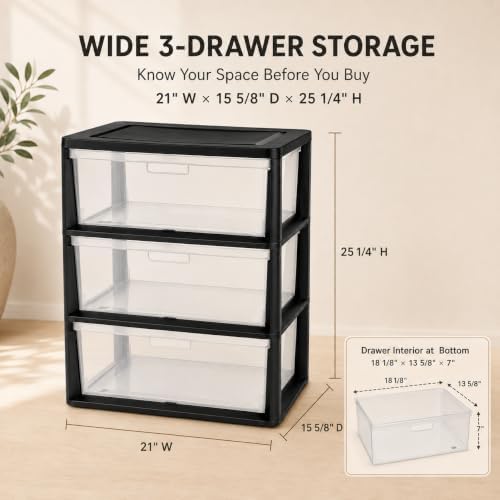 Plastic Storage Drawers, 3 Drawer Tower with Clear Removable Bins, Black - Image 2