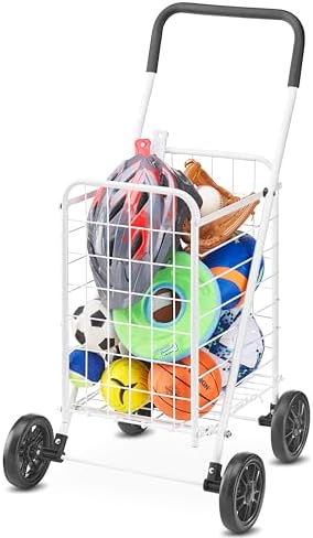 Whitmor Folding Utility Shopping Cart with Wheels, Heavy Duty Metal Grocery Cart, Portable Foam Handle, Rolling Collapsible Trolley for Groceries, Laundry, Storage, White by Whitmor