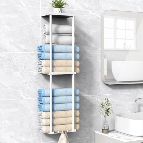 Liuoud Towel Rack for Bathroom, Wall Mounted Vertical Rolled Towel Storage Organizer Holder with Shelf, Holds Up 6 Large Bath Sheets, White by Liuoud