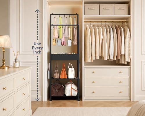 DIMJ Purse Organizer for Closet - Floor-standing Handbag Organizer Rack with 16 Hooks, Purse Storage Shelf Stand for Handbags, Totes, Wallets, Scarves, Bedroom Entryway and Walk-in Closet, Black - Image 5