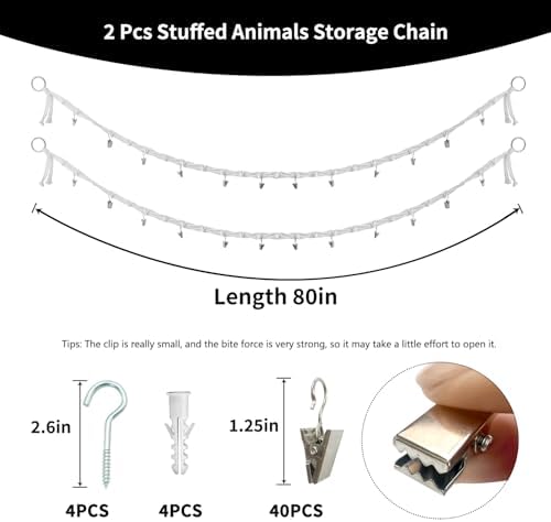2 Pcs 80” Cotton Hanging Storage Chains for Stuffed Animal, Each Boho Display Chain Comes with 20 Metal Clips, Nursery Hanging Storage Organizer for Wall or Corner Nursery playroom (Beige) - Image 3