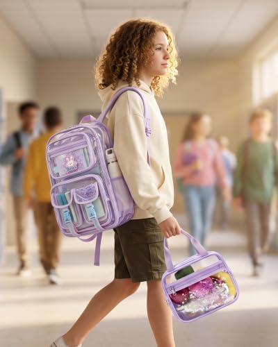 Makukke Clear Backpack for School, Heavy Duty 0.5mm Transparent Bookbag 3-in-1 Set with Lunch Bag, Fits 15.6" Laptop for Teens (Clear Purple) - Image 2