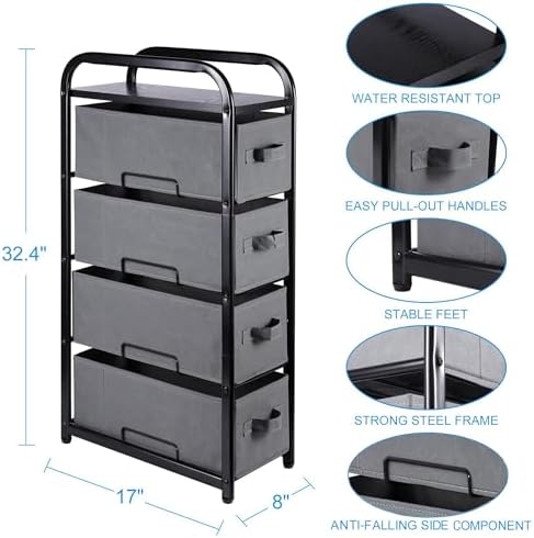 MAX Houser 4 Drawer Narrow Dresser Fabric Storage Tower Vertical Slim Storage Chest Organizer Nightstand Side/End Table Small Standing Organizer Removable Drawers Wood Top for Bedroom, Bathroom（Grey - Image 3