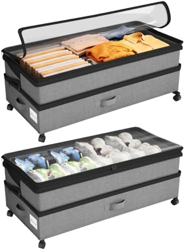 Kitstorack Under Bed Storage with Wheels 2Pack Height-adjustable Under Bed Storage Containers,Under Bed Shoe Storage Organizer with Clear Window&Label, Suitable for Clothes Storage, Gray by Kitstorack