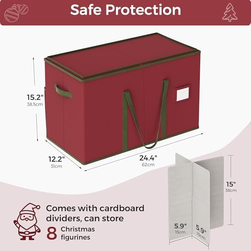 Christmas Figurine Storage Box for 15-Inch Figurines and Nutcrackers, Holiday Decor Organizer with Adjustable Dividers, 8 Slots and 2 Pockets, Dual Zippers, 600D Oxford, 24.8"x12.2"x15.2" ,Red - Image 3