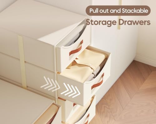 Homsorout Stackable Storage Drawers - Large Collapsible Storage Bins with Drawers, 4 Pack Closet Shelf Organizer Basket, Fabric Pull Out Organizer for Bedroom, Living Room, Dorm, Light Beige - Image 4