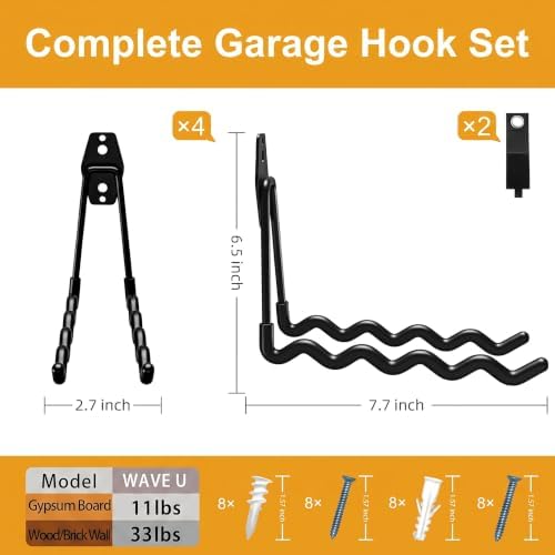 Garage Hooks, 4 Pack Wave Hooks for Hanging Heavy Duty Ladders, Bikes, Tools Ideal for Garage, Garden, Basement Utility Room Storage (Black) - Image 2