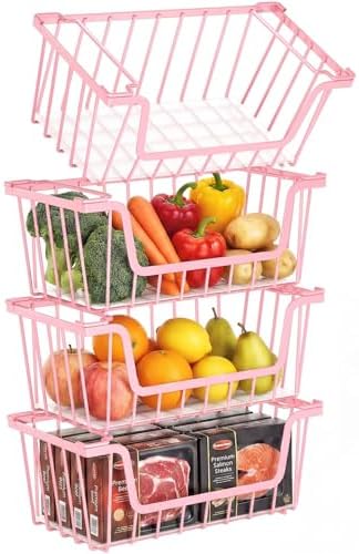SUNALLY Stackable Storage Bins 4 Pcs Wire Baskets Freezer Organizer, Pink by SUNALLY