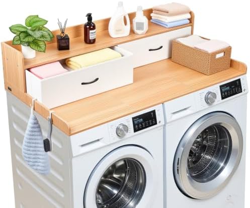 VEVOR 2 Drawers Washer Dryer Countertop with Shelf, 54" x 27" Wooden Laundry Countertop with 2 Hooks & Splicing Panels, Washer and Dryer Topper, Laundry Room Organization and Storage, Natural by VEVOR