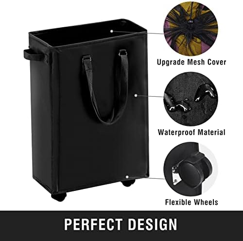 45L Slim Rolling Laundry Basket with Wheel & Adjustable Long Handles, Black - Image 4