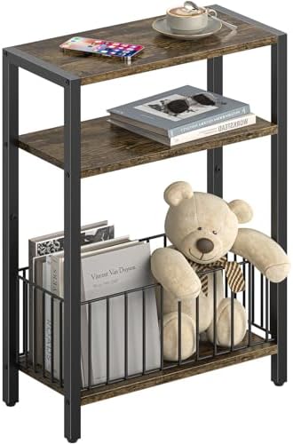 Narrow Side Table with Storage Basket Small End Table for Small Space,Brown by Yoobure