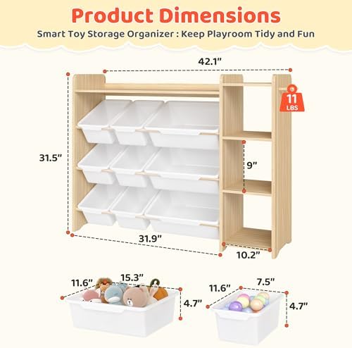 DOREROOM Toy Storage Organizer with Bookshelf, Kids Toy Storage and Organizers with 3 Shelves/9 Bins/3 Hooks, Bin Shelf, Toy Organization for Playroom, Nursery, Bedroom, Toddler Room | Wood & White - Image 2
