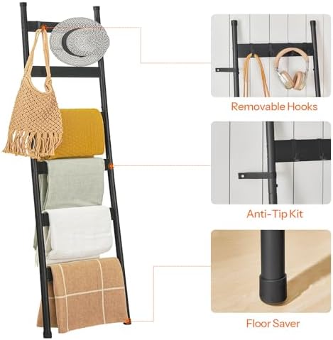 HOOBRO Blanket Ladder, 6-Tier Towel Rack with Hooks, Wall-Leaning Blanket Rack, Decorative Display Ladder Shelf, Scarves, Industrial, Living Room, Bedroom, Black BB66CJ01 - Image 6