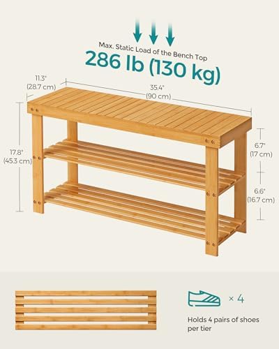 SONGMICS Shoe Rack Bench, 3-Tier Bamboo Entryway Bench, 35.2 Inches Width - Image 2