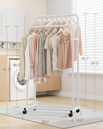 Sakugi Clothes Rack - Clothing Rack with Storage Mesh Shelf & Casters, Heavy-Duty Metal Clothing Rack for Hanging Clothes, Dresses, Coats, Large Load Capacity, Easy Assembly, White, 28.0"x16.0"x59.0" - Image 3