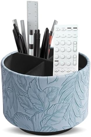 Round Leather Art Supply Organizer,Remote Control Holder,360 Degree Spinning,Multi-Functional Pencil Holder,4 Compartments Desktop Stationary Organizer(1-Carved Light Blue) by Hennaja